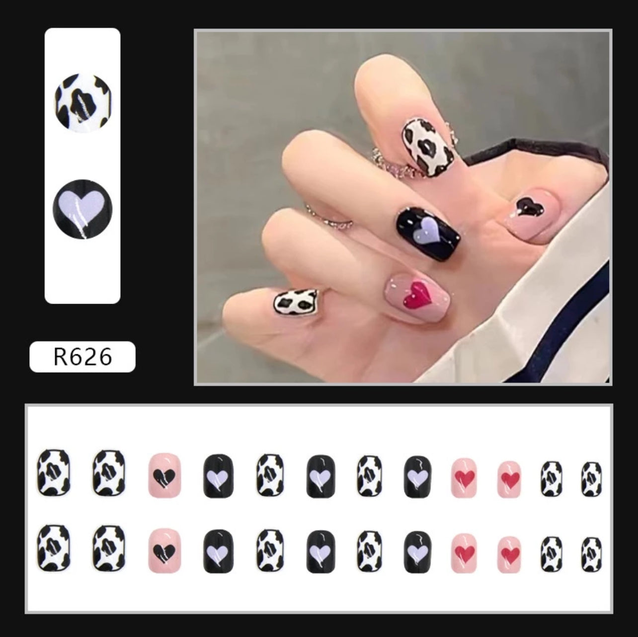 Transform Your Nails with 24pcs Pink Black pattern heart with cow print + 1 pc Jelly Gule L202