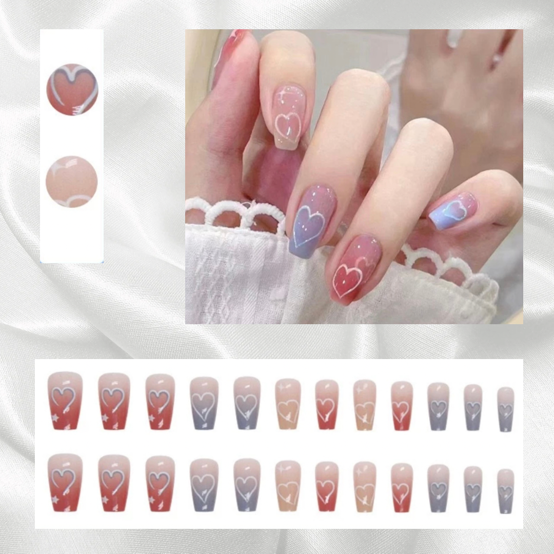 Transform Your Nails with 24pcs Long Ombre Pink And Blue with Heart + 1 pc Jelly Gule L201