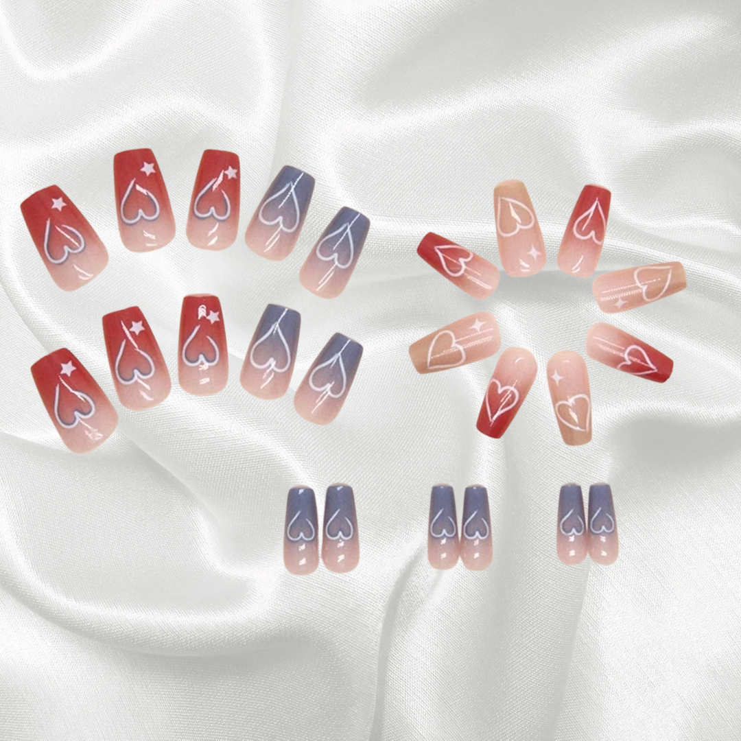 Transform Your Nails with 24pcs Long Ombre Pink And Blue with Heart + 1 pc Jelly Gule L201