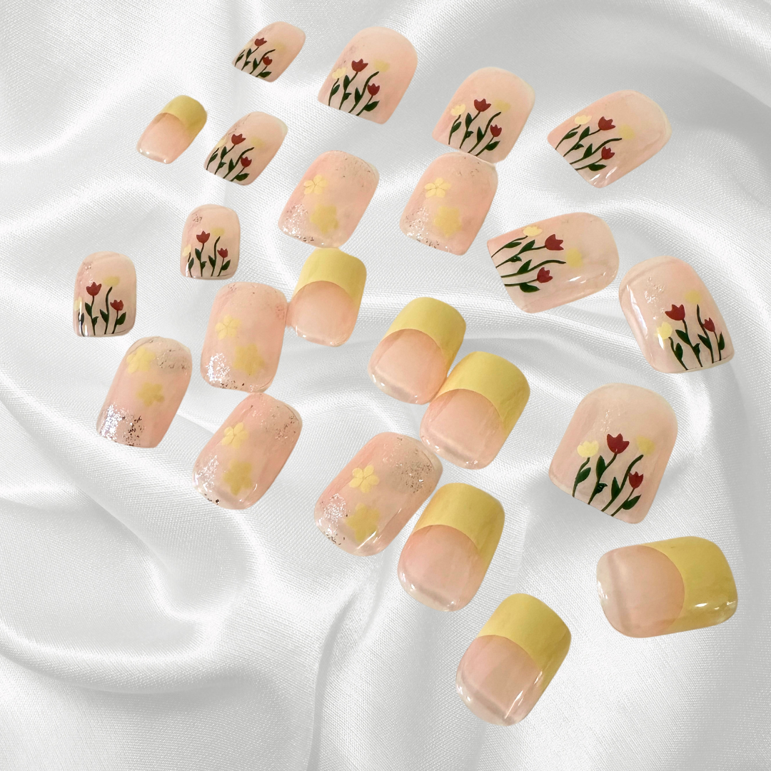 Upgrade Your Look With 24pcs French yellow Style Flower Pattern + 1pc Jelly Glue P108