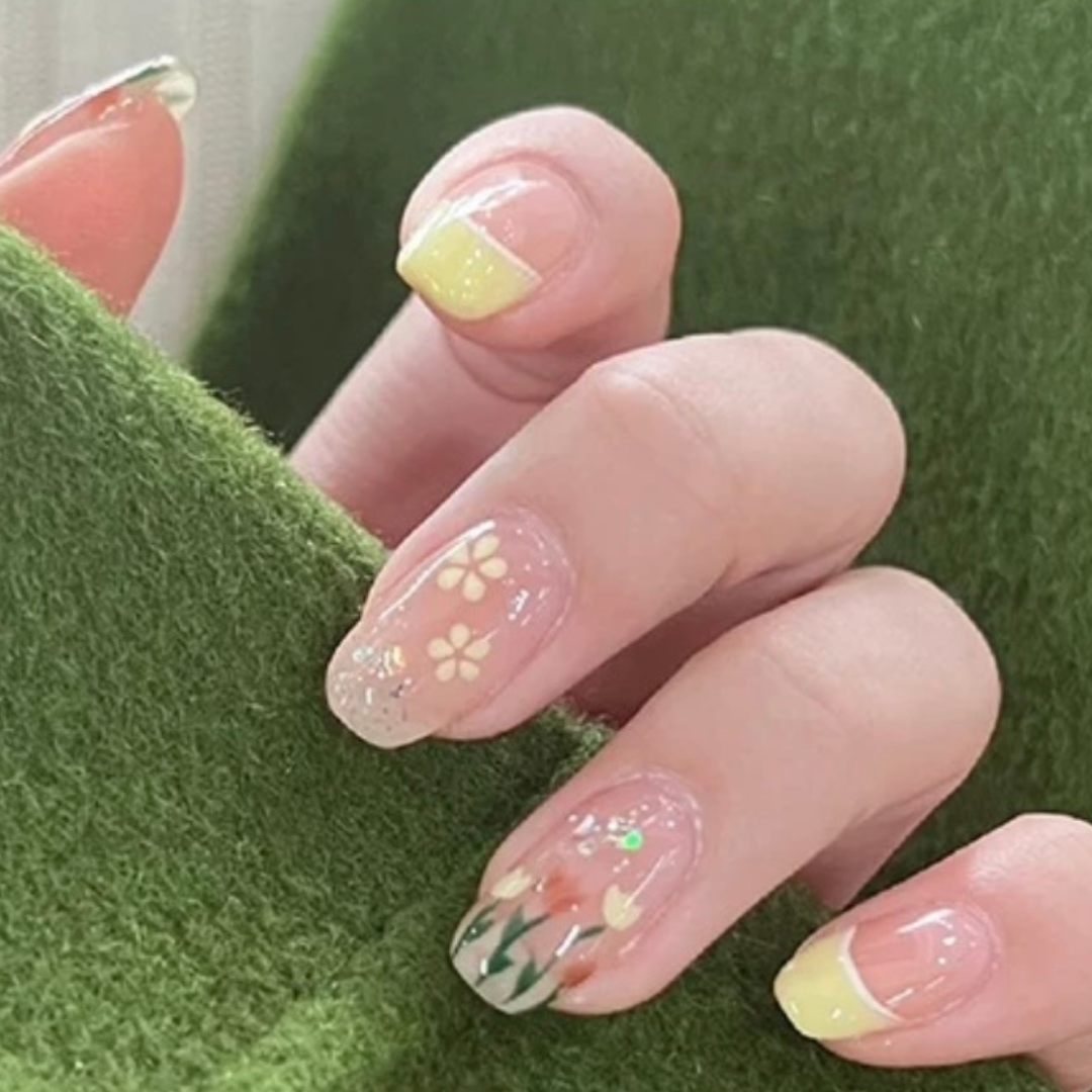 Upgrade Your Look With 24pcs French yellow Style Flower Pattern + 1pc Jelly Glue P108