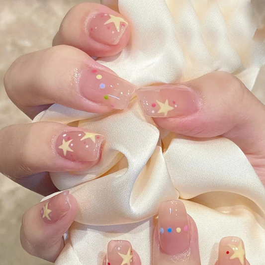 Light Pink with star Nail 24pcs Brown False Nails + 1pc Jelly Glue P101