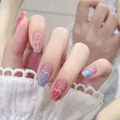 Transform Your Nails with 24pcs Long Ombre Pink And Blue with Heart + 1 pc Jelly Gule L201