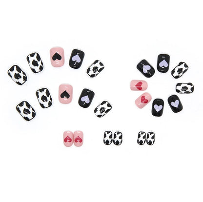 Transform Your Nails with 24pcs Pink Black pattern heart with cow print + 1 pc Jelly Gule L202