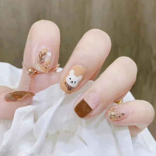 24pcs with cute bear False Nails + 1pc Jelly Glue P110